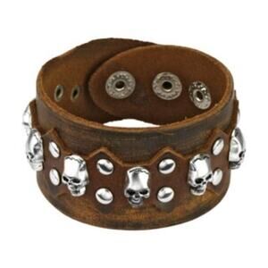NWOT Leather‎ Bracelet with Multi Skulls and Round Studs with Spike Center